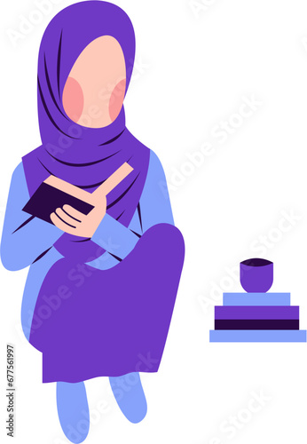 Illustration Of Hijab Woman Reading Book