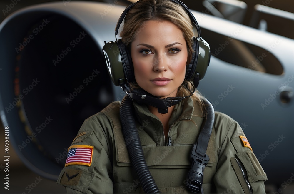 Military fighter jet woman pilot portrait, copyspace. Military fighter jet woman pilot portrait, copyspace.