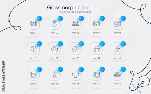 Set of Cardio calendar, Fishfinder and Winner line icons for web app. Honor, Yoga, Sports arena icons. Arena stadium, Diet menu, Laureate medal signs. Winner cup, Change clothes, Approved. Vector
