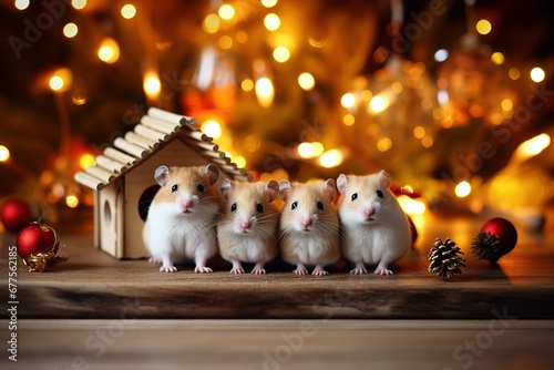 A family of red hamsters stand in a row near the house on a glowing Christmas background. A brood of charming mice on the background of Christmas decorations.