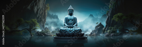Medtitative Zen buddha statue on water backgorund.