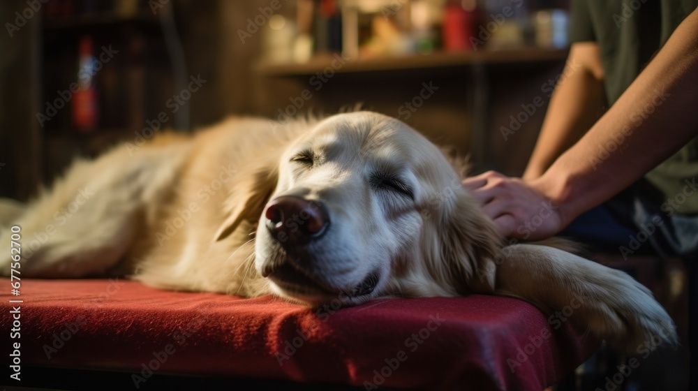 Dog Massage Therapy Techniques. Relaxed dog laying on massage table. Calming dog gets treatment. How to Massage Dog for Relaxation, Mobility, Longevity - obrazy, fototapety, plakaty 