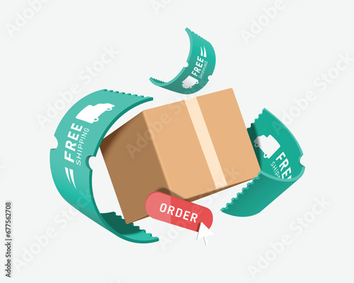 green free shipping promotional label floating in mid-air around parcel box or cardboard box and has an order button in middle photo