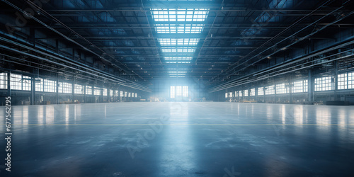 Looking straight ahead from inside a warehouse during the day