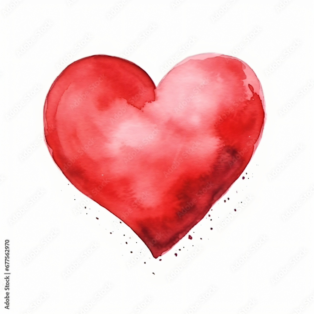 Watercolor red heart painted with hand drawn. Valentin day