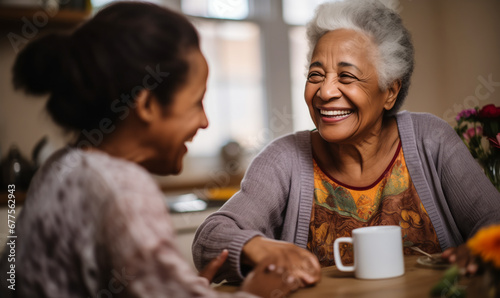 Coffee Time: Ethnic Senior Females Savoring Missed Moments in Kitchen