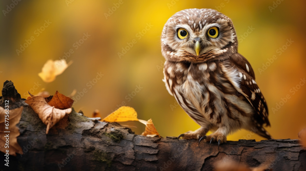 Little owl (Athene noctua) sitting on dry autumn tree. Autumn forest in background. Little owl portrait. Owl sitting on branch. Owl on tree