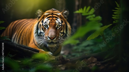 A tiger in the deep green forest