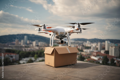 Drone delivery delivering package into urban city
