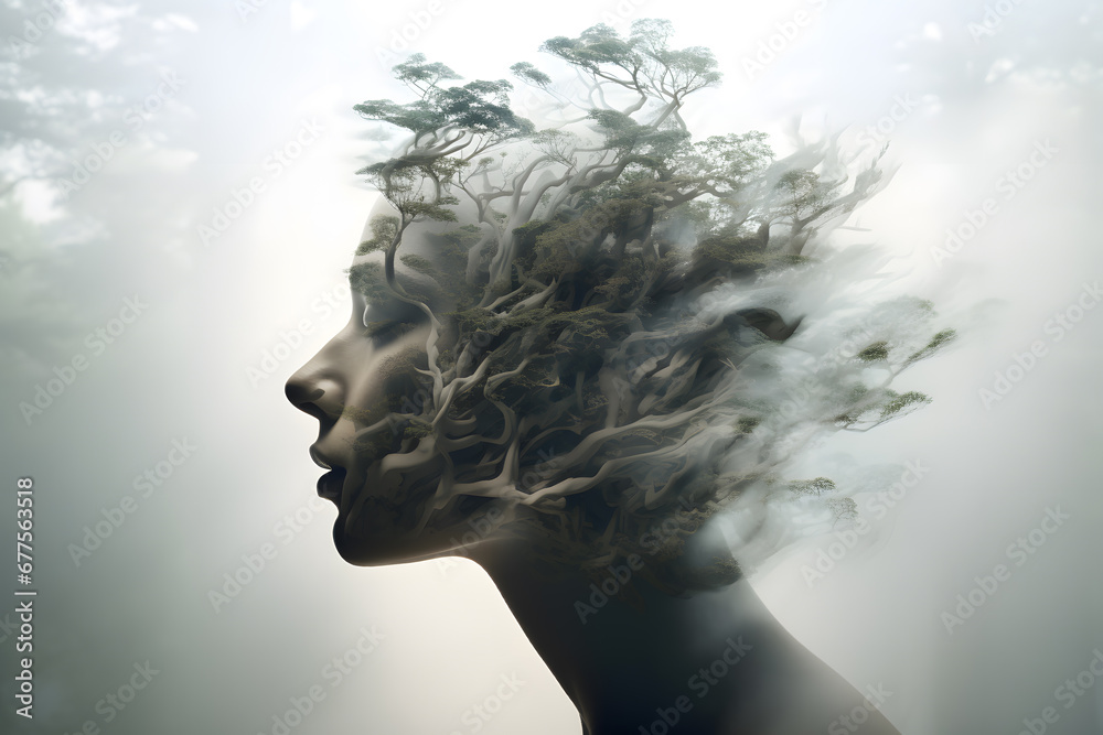 Poster art of man portrait that incorporates trees and plants. Conceptual art of nature, life, environment and mind