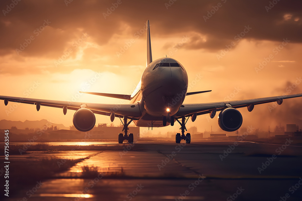 airplane landing at sunset. 