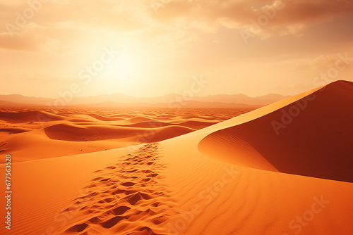 Beautiful desert landscape with sun, sand and sky.sunset in the desert