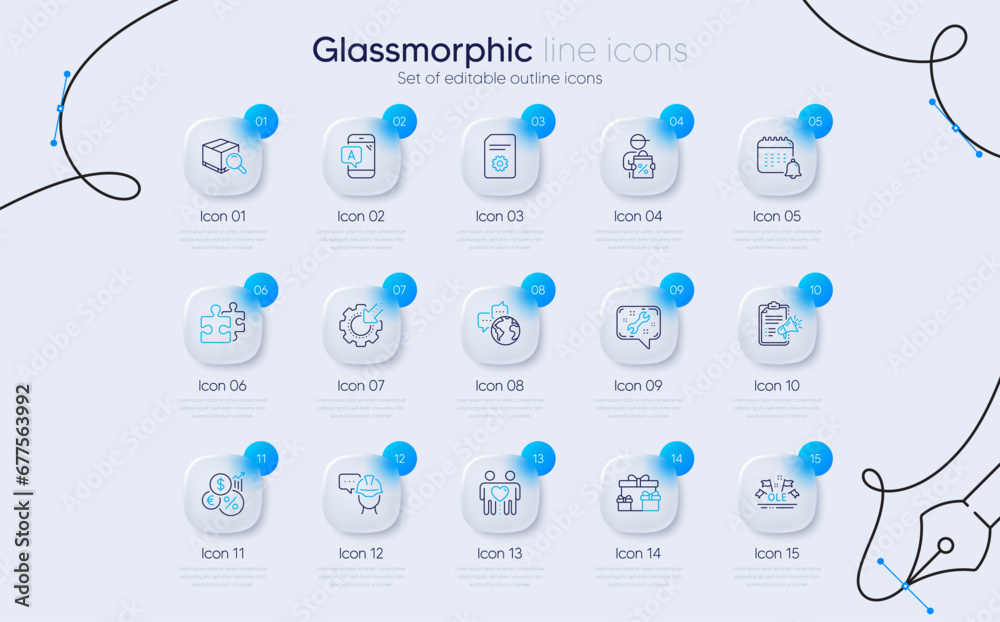 Set of Surprise boxes, Inflation and Friends couple line icons for web app. Ab testing, File settings, Spanner icons. Seo gear, Puzzle, Megaphone checklist signs. Search package, Foreman. Vector