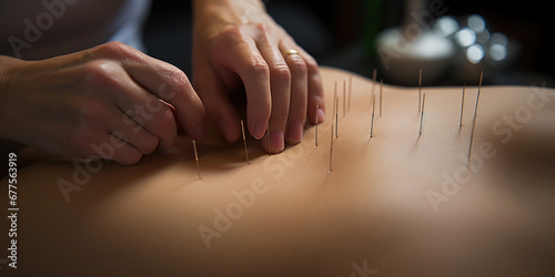 Acupuncture needles being applied to a person back photo