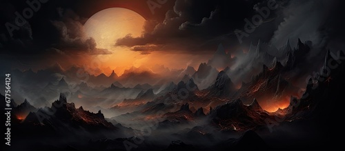 The abstract night sky was painted with shades of black and orange the landscape dominated by towering mountains The warm glow of the moon lit wood brought a sense of security while the ligh photo