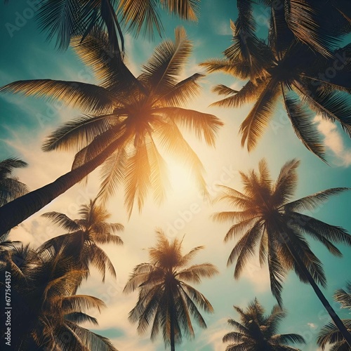 AI illustration of coconut palm trees against a blue sky background.