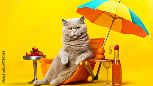 Portrait shot of cat with cute face with beach umbrella and some drink cocktail,colorful moody studio background.summer and vacation concepts