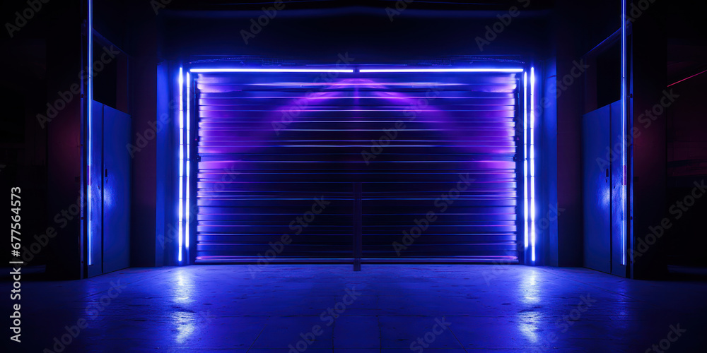 Garage doors illuminated by neon lights in darkness Garage doors illuminated by neon lights in darkness