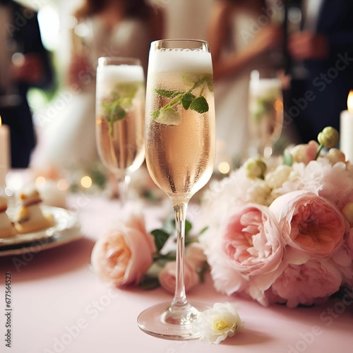 AI illustration of champagne flutes resting atop a dining table adorned with bright flowers.