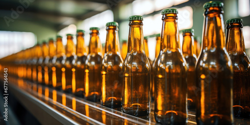 Beer bottles arranged in a row on a manufacturing line