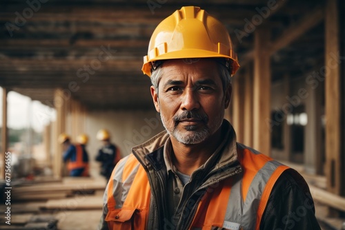 Close-up Portrait of a handsome smiling male builder wearing an orange uniform and helmet against the background of a building under construction