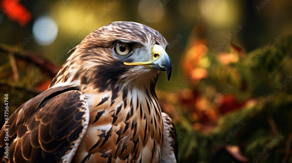 Red-Tailed Hawk perched on a branch in a forest Red-Tailed Hawk perched on a branch in a forest