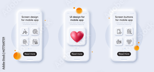 Seo phone, Internet and Vegetables line icons pack. 3d phone mockups with heart. Glass smartphone screen. Search document, Lease contract, Stars web icon. Info app, Maggots pictogram. Vector