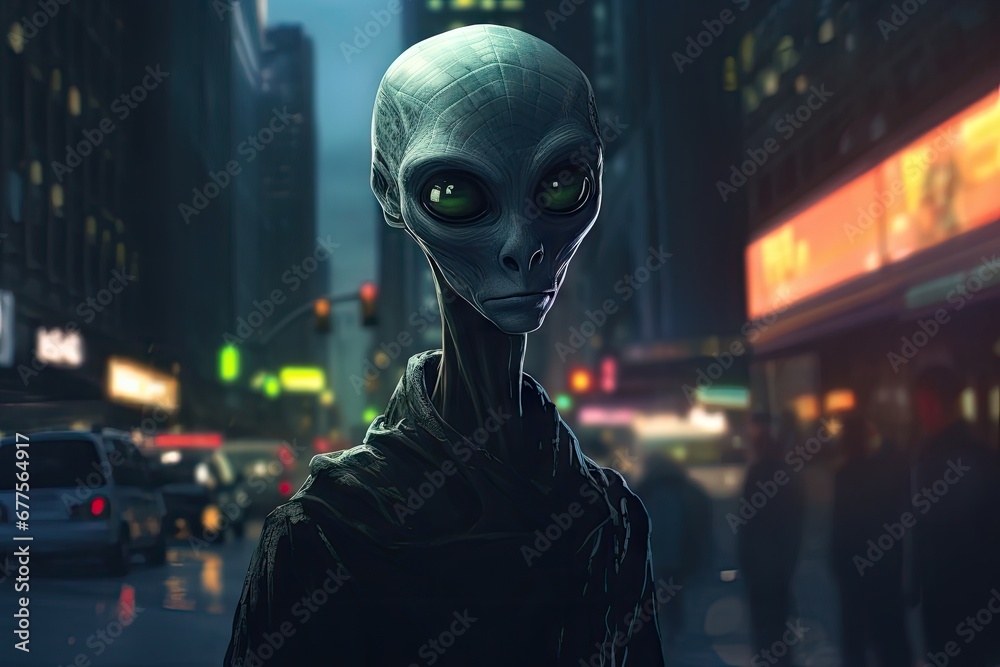 Alien on the streets of a big city on a misty evening by Generative AI Alien on the streets of a big city on a misty evening by Generative AI