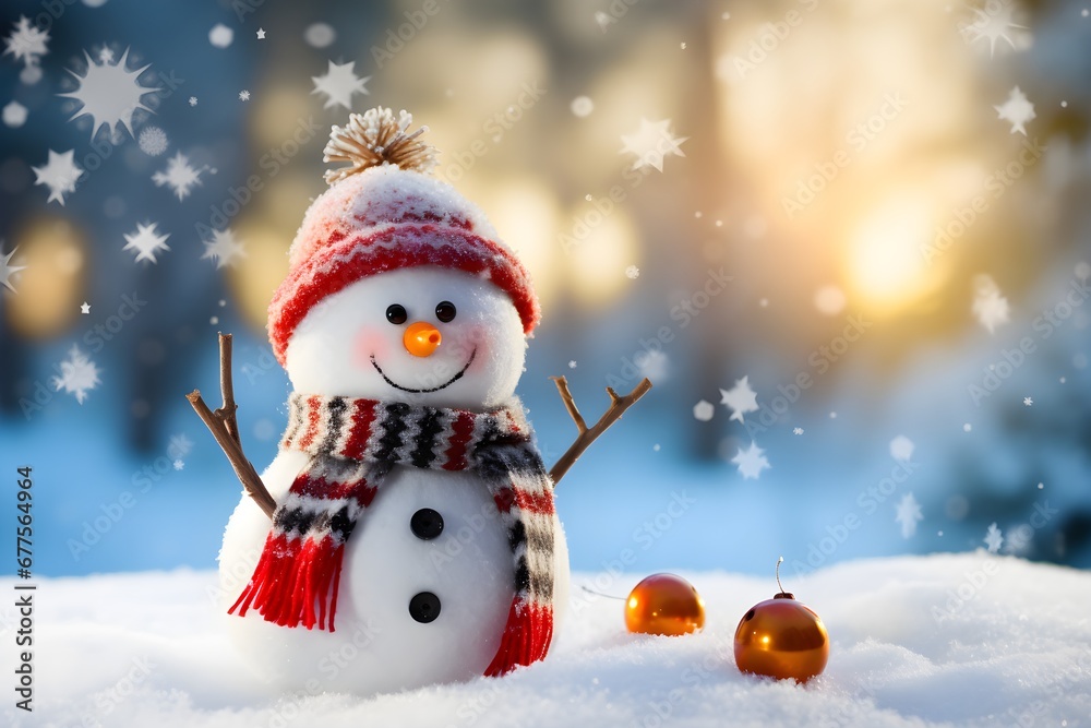 Christmas blue bokeh background with white snowman weared in a warm hat and scarf