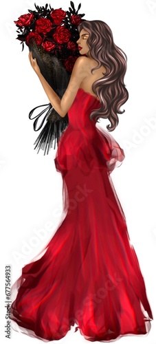 Women in red dress with roses, illustration