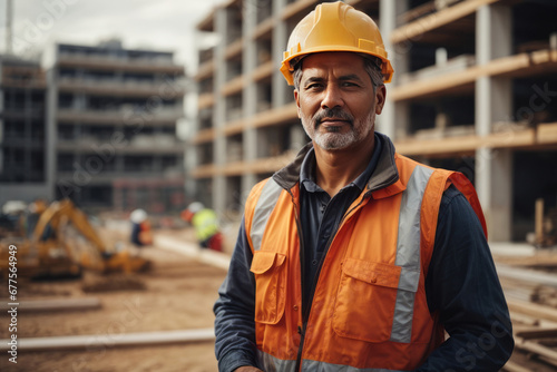 Portrait of a handsome male builder wearing an orange uniform and helmet against the background of a building under construction