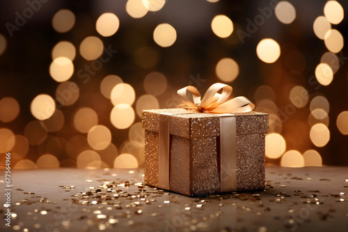 Golden gift box with bow on the bokeh background © Elena