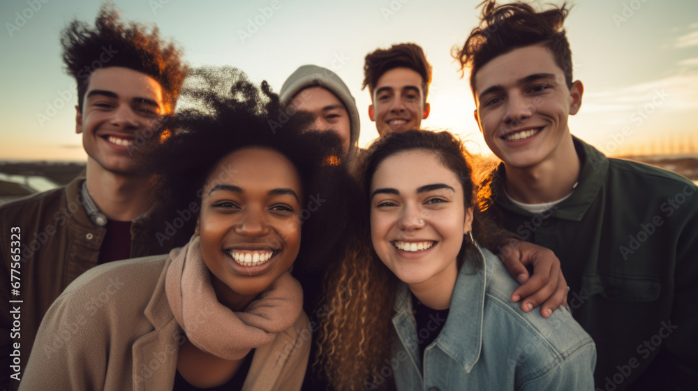 Group of young friends from different races and ethnicities who promote racial diversity and reject any form of discrimination - obrazy, fototapety, plakaty 