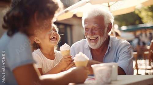 Cheerful grandfather and grandchild eating ice cream outdoors on sunny summer day at an outdoor cafe restaurant photo