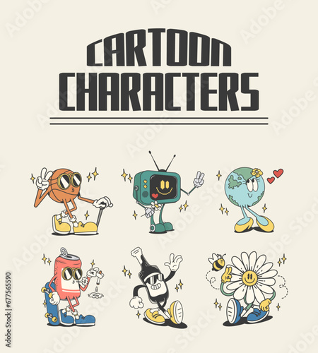 retro cartoon characters, collection of funny cartoons, vector illustration 