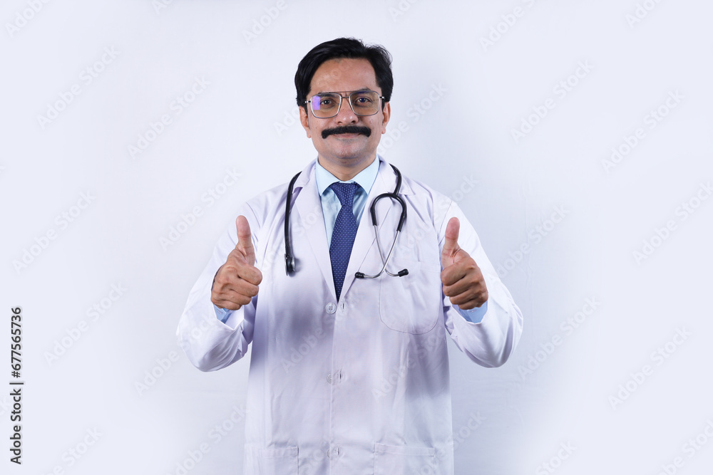 Portrait of happy Indian doctor in uniform wearing stethoscope and specs. Doctor in moustache. Healthcare and medical practitioner, wearing white coat. Portrait of happy Indian doctor in uniform wearing stethoscope and specs. Doctor in moustache. Healthcare and medical practitioner, wearing white coat.