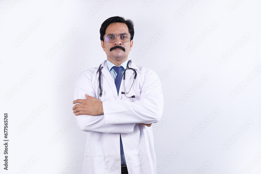 Portrait of happy Indian male doctor in uniform wearing stethoscope and specs. wearing white coat, Doctor in moustache. Healthcare and medical practitioner. Portrait of happy Indian male doctor in uniform wearing stethoscope and specs. wearing white coat, Doctor in moustache. Healthcare and medical practitioner.