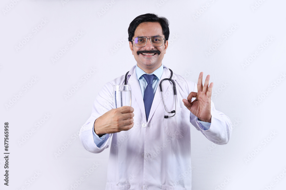 Indian confident Doctor holding a health drink in hand and suggesting to drink fresh and healthy. The doctor standing in a white background, glass of milk. Indian confident Doctor holding a health drink in hand and suggesting to drink fresh and healthy. The doctor standing in a white background, glass of milk.