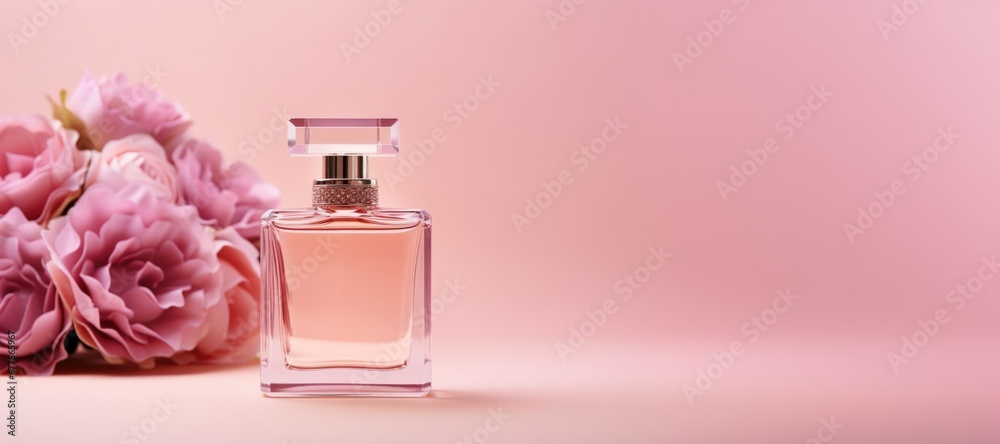 blank bottle of luxury perfume in pink soft pastel color blank bottle of luxury perfume in pink soft pastel color