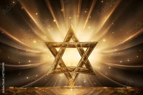 Shining Star of David jewish symbol on golden background