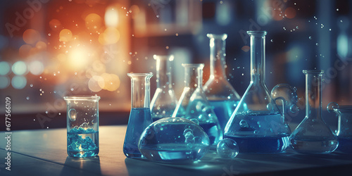 Chemistry science brought to life through a laboratory glassware background A series of chemical flasks with a blue liquids and the word chemistry on the bottom with blur lab background Ai Generative