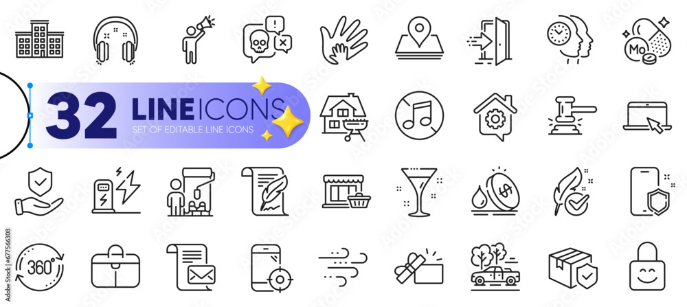 Outline set of Seo phone, Company and Mail letter line icons for web with Painter, Social responsibility, Brand ambassador thin icon. Insurance hand, Work home, Handbag pictogram icon. Vector