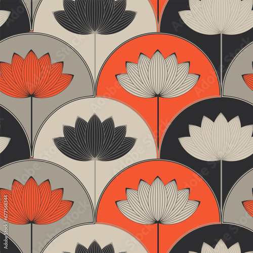 asian style lotus flower seamless pattern in orange gray shades