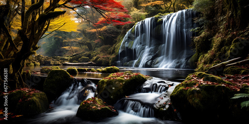 A Waterfall Flowing Through An Autumn Forest Background Waterfall Sunset Image Waterfall at mountain river in autumn forest with a waterfall in the forest with many trees Ai Generative