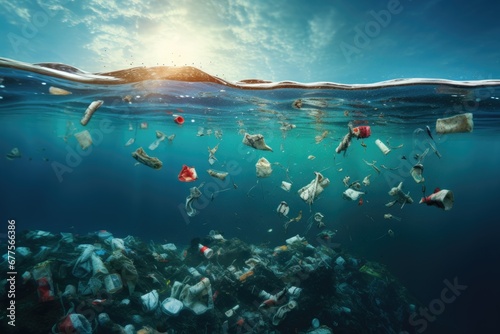 trash underwater in the ocean. problem of pollution and ecology of the sea