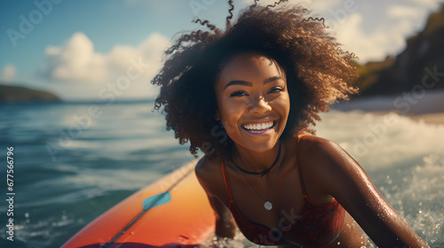 Beautiful smiling young Black woman sub surfing in ocean under rays of sun photo