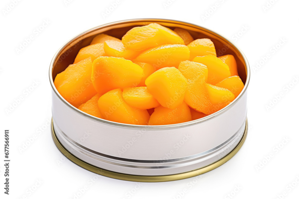 Canned peach slices on white background