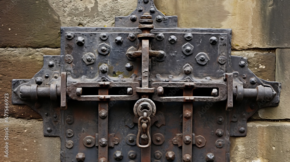 Old Lock Detail on Iron Bars: A Captivating Glimpse of Pernstej Castle, Czech Republic, Reflecting the Historical Beauty of Intricate Ironwork.