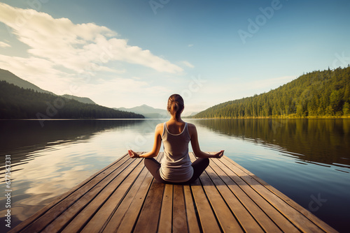A woman stretches into a yoga pose on a wooden pier, overlooking a calm lake enveloped in morning mist, inspiring mindfulness photo
