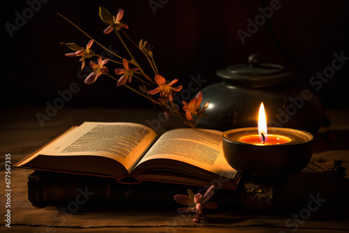 An open book featuring Zen poems lies next to a softly glowing candle, casting warm light on the textured paper and inviting peaceful reading